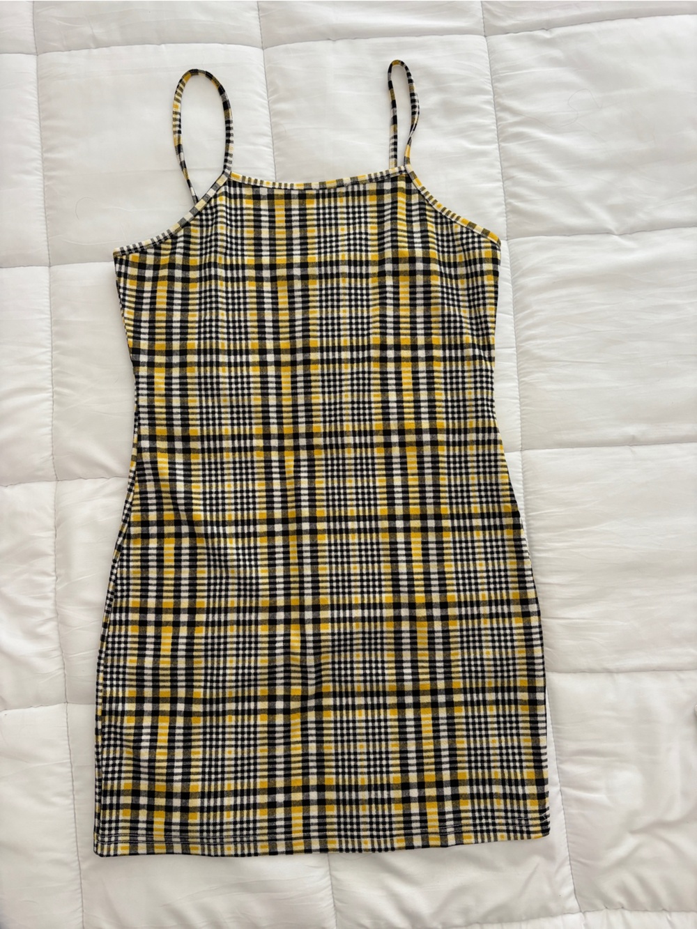 SHEIN Yellow Black Plaid Spaghetti Strap Mini Dress